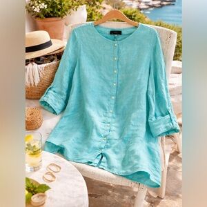 Tahari Sea Glass Linen Blouse | Coastal Chic Resortcore | Size 1X
